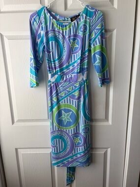 Vintage Bob Mackie Wearable Art Shift Dress Turquoise Purple Pink Abstract xxs